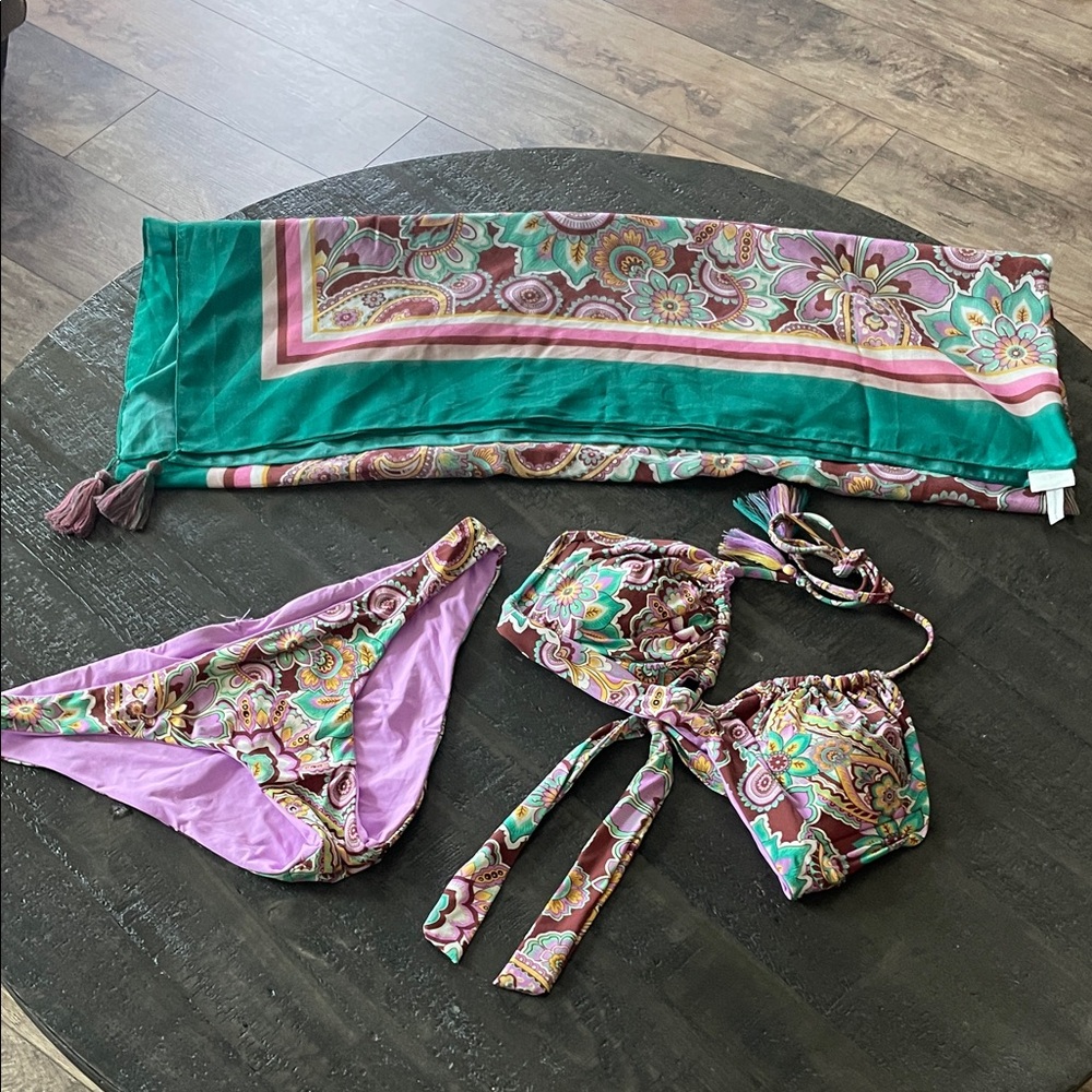 BECCA Teal and Lavender Paisley Bikini Set with Sarong